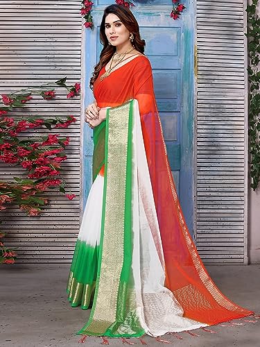 Image of Satrani Women's Printed Organza Saree (3193S281NA White & Green & Orange)