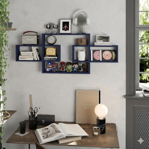 Image of Wooden Wall Shelves for Living Room, Bedroom Wall Mounted Rectangle Bookcase, Intersecting Wall Shelves for Storage Modern Decorative Display Shelves for Wall Decor (Navy)