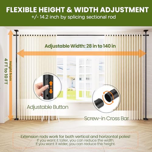 Image of SUNALLY Room Divider Curtain Rod, No Drilling 4-10ft(H) 28-140inch(W) Adjustable Privacy Wall Divider for Room Separation, Heavy Duty Temporary Partition Space Separator Tension Rods, Black