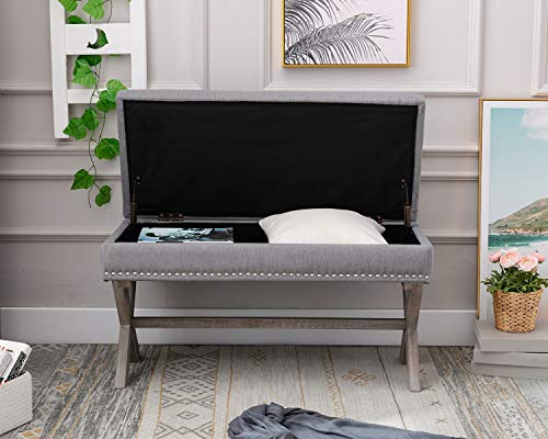 chairus Fabric Upholstered Storage Entryway Bench, Gray 36 inch Bedroom Bench Seat with X-Shaped Wood Legs for Living Room, Foyer or Hallway