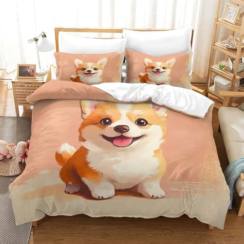 Parure housse de couette chiot Corgi 3D microfibre lit single taies d'oreiller