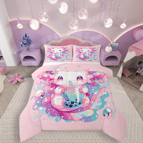 Erosebridal Pink Axolotl Comforter Set Cute Animal Bedding Set King Size,Sweet Dessert Milk Tea Comforter Set Ocean Beach Coastal Duvet Insert for Kids Girls Boys Bedroom Decor