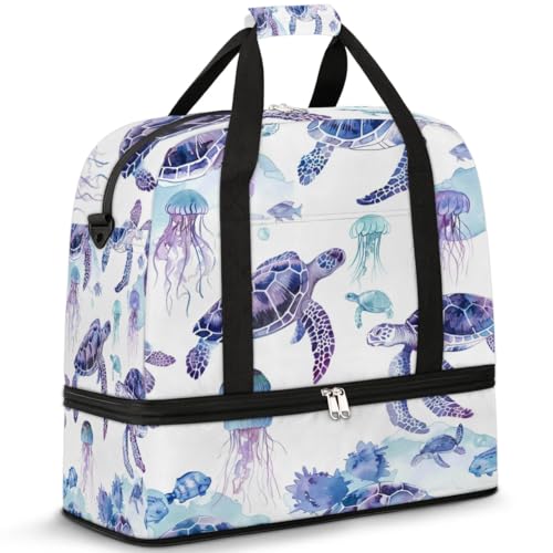 Travel Duffel Bag with Shoe Compartment, Turtle Jellyfish Shoulder Weekender Bags for Women, Foldable Waterproof Travel Bag Carry on Bag