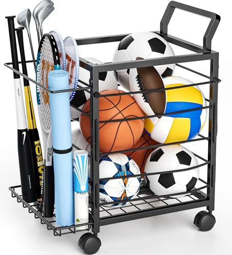 DUDUXI Sports Equipment Organizer Rolling Garage Ball Storage Cart Outdoor Toy Storage Ball Holder Garage Organizer Sport Rack Garage Organization with Side Bracket for Basketball Football Gym