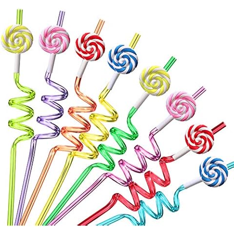Candyland Party Supplies Drinking Plastic Straws Reusable 24 for Kids Sweet Candy Birthday Party Favors with 2 Cleaning brush Cover