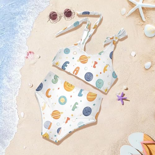 JUNZAN Cartoon Planets Alphabet White Girls Bathing Suit High Waisted 2 Piece Swimwear Little Girls Beach Surf Suits 3T4