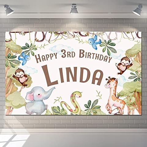 Happy Birthday Backdrop Background Banner Photo Personalised Animal jungle trees Sign Poster Fabric Party Decoration Supplies Kids Baby Children-1st 2nd 3rd 4th 5th… Cover
