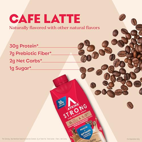 Image of Atkins Strong High Protein Shake, Cafe Latte Flavored, 30g Protein, 7g Prebiotic Fiber, 1g Sugar, Muscle and Gut Health Support, GLP-1 Support, Low Carb and Low Sugar Coffee Protein Shake, Keto Friendly, 12 Count