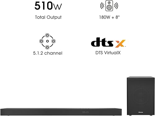 Miniatura 2 de Hisense U5120G - Barra de sonido prémium de 5.1.2 canales con subwoofer inalámbrico, 510 W, audio de alta resolución, Bluetooth 4.2, paso HDR 4K,