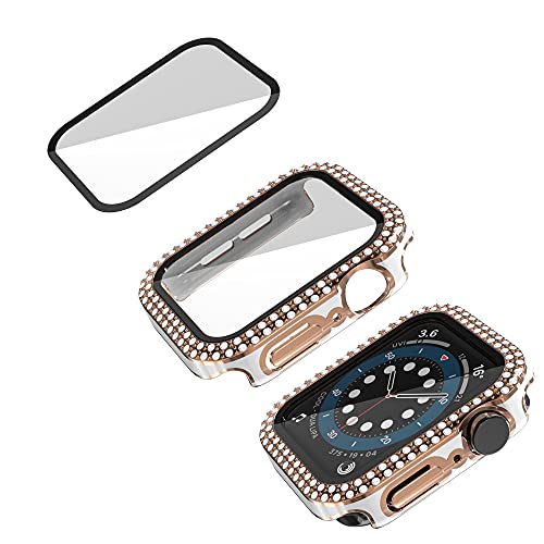 Z-one store PC Case with Tempered Glass Screen Protector Compatible with Apple Watch Series 6/Series 5/ Series 4,Apple Watch Case with Double Row of Diamonds (White+Rose Gold Edge, 44mm)