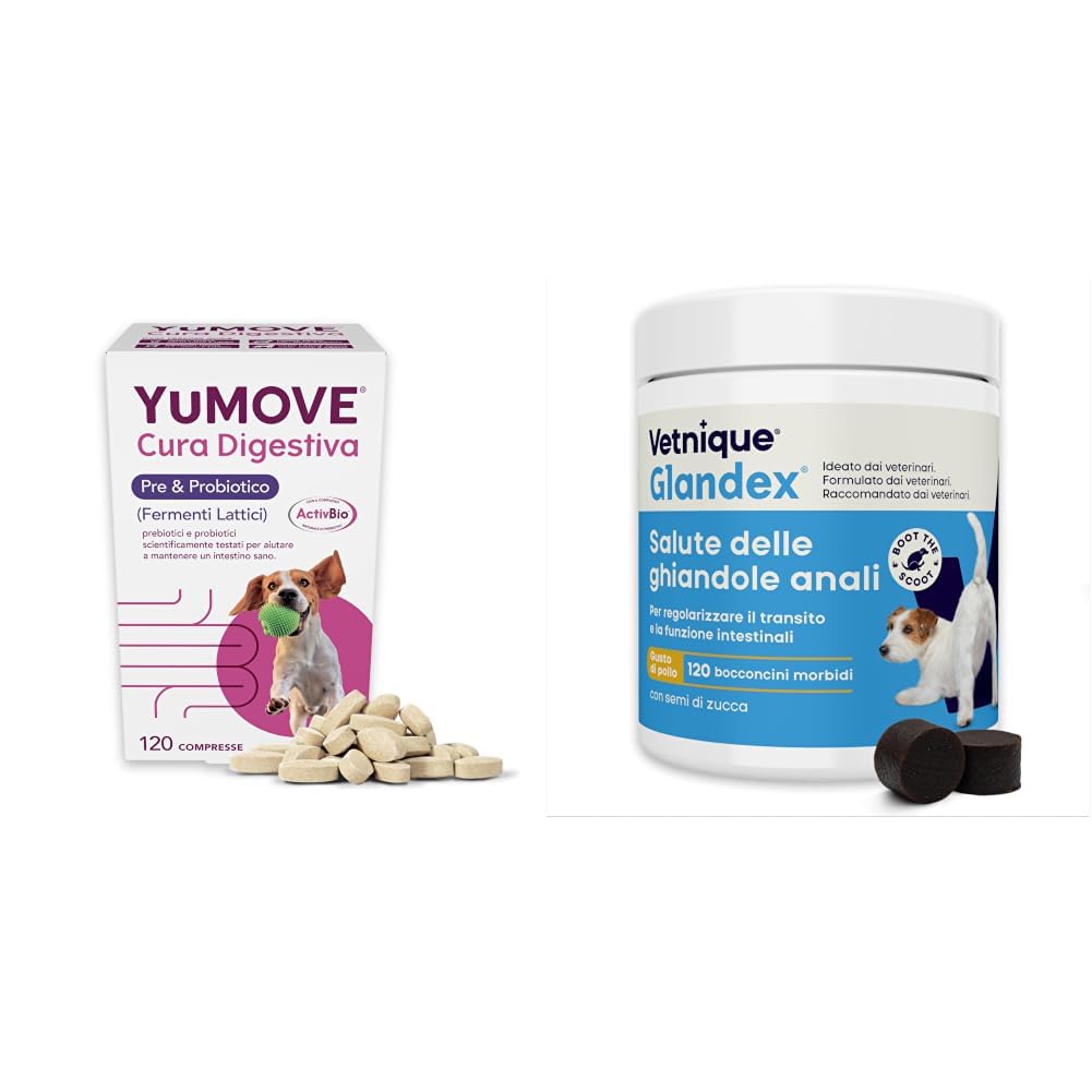 YuMOVE Probiotici Per Cani + Glandex Superpack - Pack 120+120 Compresse & Bocconcini - Probiotico Digestivo Per Cani, Ghiandole Perianali Cane & Benessere Intestinale