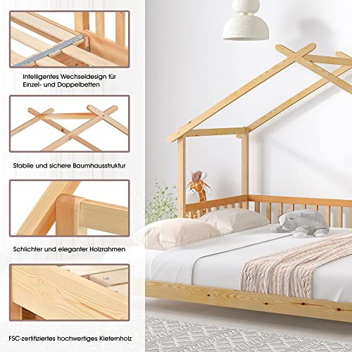 Kinderbett Hausbett 90x200, Baumhausbett Tagesbett mit Lattenrost&Rausfallschutz, Bett Holzbett Funktionsbett Gästebett Flachbett Ausziehbett Einzel&Doppelbett für Jungen&Mädchen, Massivholz, Natur – Bild 4