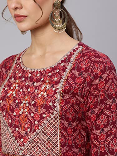 Image of Women Cotton Embroidered Printed Round Neck 3 /4 Sleeve Flared Kurta
