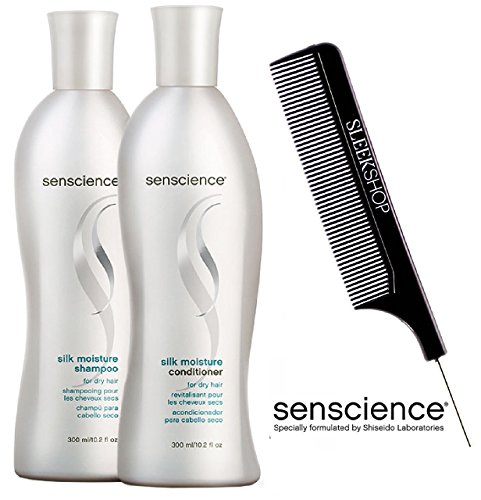 Senscience SILK MOISTURE Shampoo & Conditioner DUO Set (with Sleek Steel Pin Tail Comb) (10.2 oz / 300 ml - RETAIL DUO Kit)