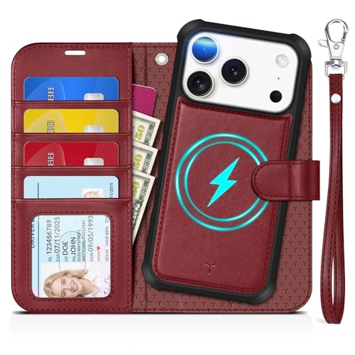 Coque iPhone 17 Pro TUCCH 2 en 1 rouge foncé avec étui portefeuille en simili cuir