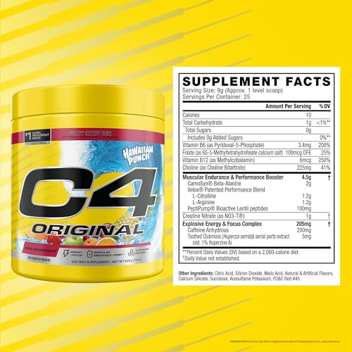 Image of Cellucor C4 Original Pre Workout - Hawaiian Punch - Pre-Workout for Endurance, Focus & Performance with 200mg Caffeine, Beta-Alanine, Creatine Nitrate, L-Arginine & PeptiPump - Sugar Free, 25 Servings