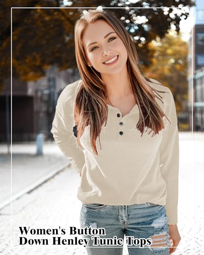 Image of AURUZA Long Sleeve Shirts for Women Henley Shirts Waffle Knit Tops Casual Loose V Neck Tunic Tops Fall Outfits Waffle TShirt
