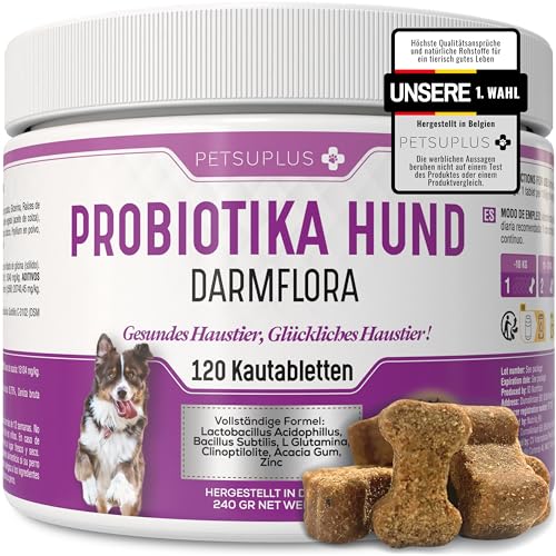PETSUPLUS Probiotika Hund, 120 Kautabletten, Dogs Hunde Nahrungsergänzungsmittel mit Flohsamenschalen, Repariert die Darmflora & schützt das Immunsystem, Kur Gegen Durchfall Erbrechen und Sodbrennen