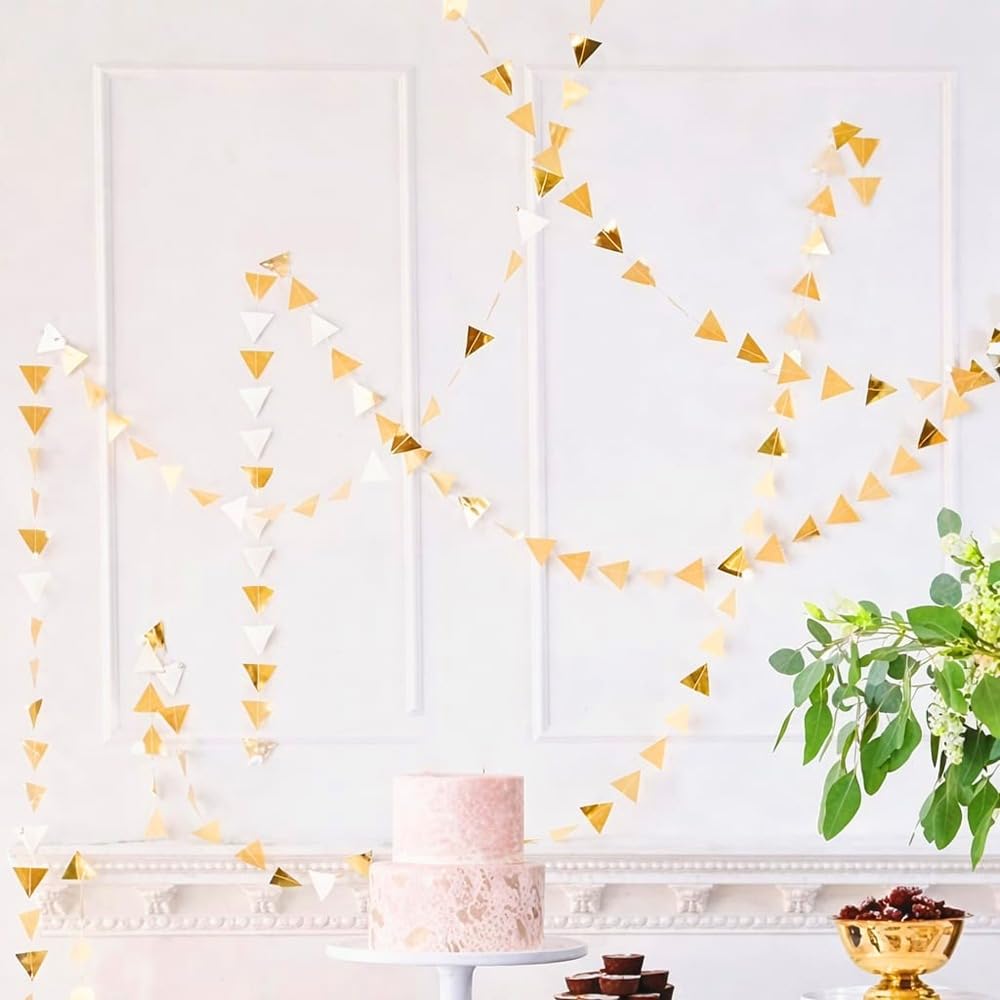 Pop The Party 2.5 Meter Golden Paper Pennant Banner | Triangle Flags Bunting for Party & Celebration Decorations Pack of 2