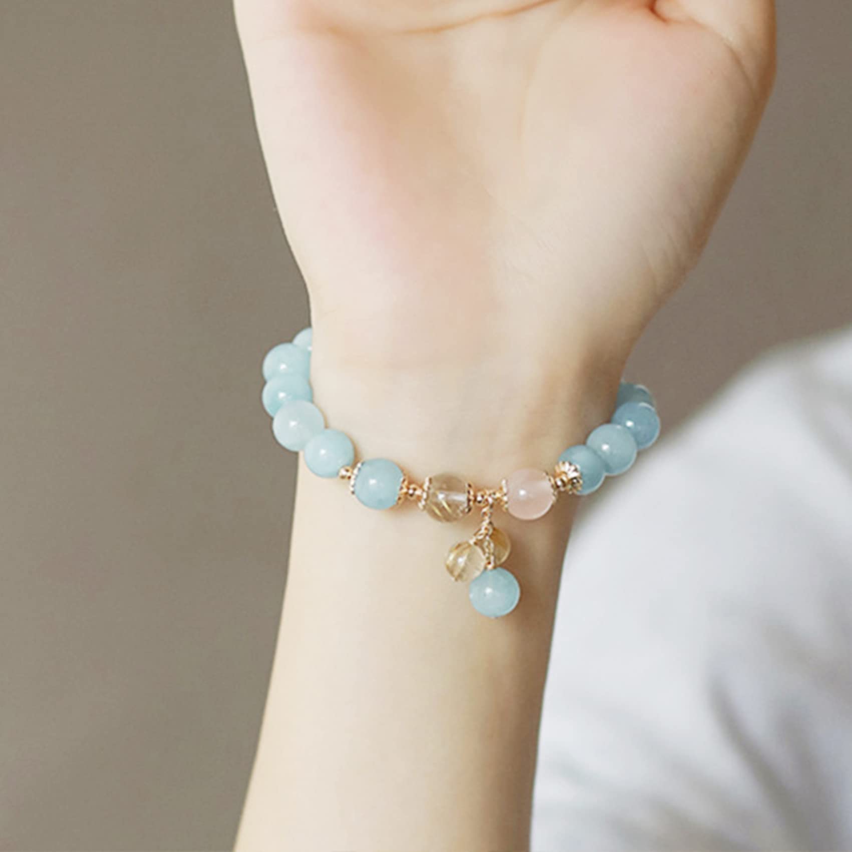 高品質　アクアマリン　ルチルクオーツ　ブレスレット 高品質アクアマリン数珠ブレスレット8mm｜パワーストーン