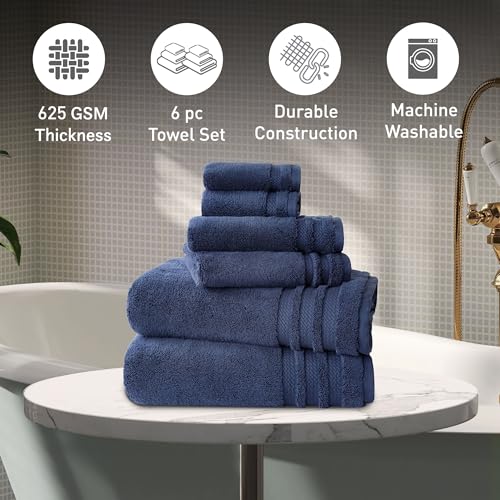 Image of MYTRIDENT Finesse 6 Piece Towel Set (2 Pc Bath Towels, 2 Pc Hand Towels, 2 Pc Face Towels), 625 GSM, Zero-Twist, Luxuriously Soft, 100% Cotton - Navy