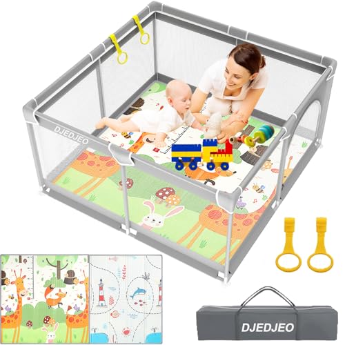 DJEDJEO Parque Infantil Bebe 120x120cm con Alfombra Bebe, Corralito Bebe Plegable con Puerta con Cremallera, Parque Bebes Plegable con 4 Ventosas Inferiores con Acolchado Espuma y Malla Transpirable