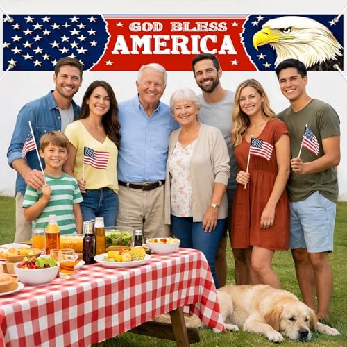 Image of BlissYard God Bless America Banner Patriotic 4th of July Decorations 118 x 20 inch Eagle National Independence Day Yard Sign Banner for Yard Fence Porch, Independence Day Decorations