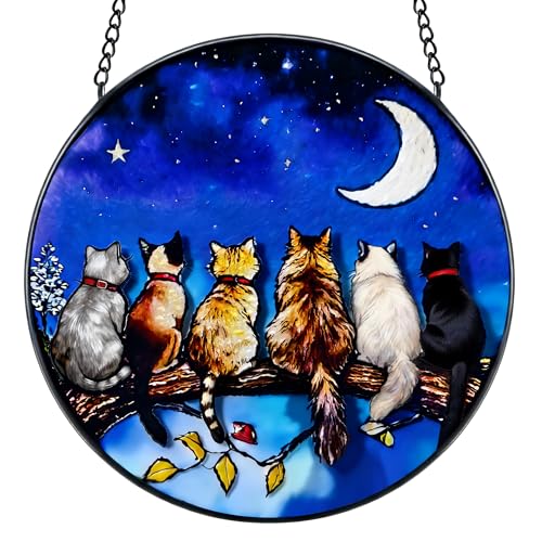 7.8 in Stained Glass Window Hanging, 6 Cats and Moon Suncatcher for Home Decor, Handmade Decorative Ornament Boho Wall Art Ideal Gift for Mom Grandma Cat Lovers Housewarming