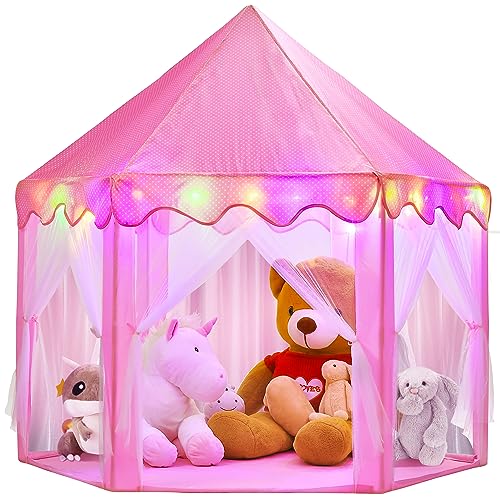 BELLOCHIDDO Princess Tent Girls, Pink Tent with Star LED Lights, Princess Castle Pretend Play, Kids Playhouse for Indoor & Outdoor, Birthday Play Tents Toy Gifts for Children