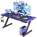 Homall Gaming Desk with LED Lights, 120 x 60cm RGB Gaming Table Z Shape, Large Computer Desk with Headphone Hook, Gamer Table for Home Office, Carbon Fibre Black