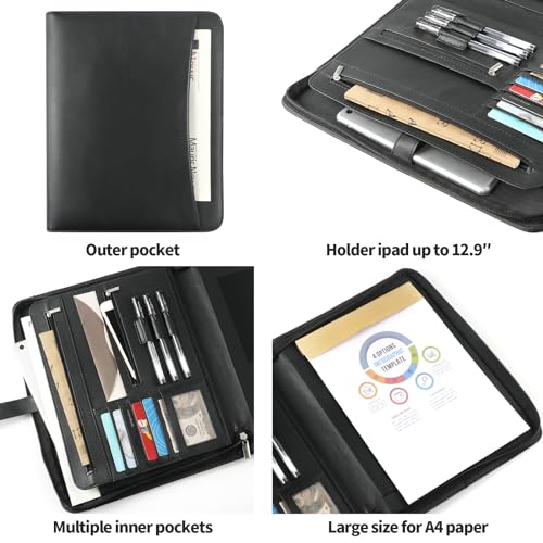Ringsun PU Leather Portfolio for Men, Leather Padfolio Business Resume Portfolio for A4/Pad, Leather Portfolio Folder Organizer, Black - Thumbnail 5