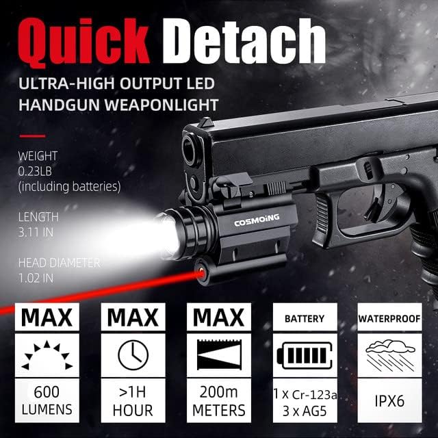 COSMOING Rail Mounted Pistol Red Laser Light Combo (Laser Sight Combo) & 600 Lumen Strobe Pistol Flashlight Rail Mount Gun Flashlight with Quick Release for Pistols Handguns,Gun Light,Pistol,Rifles