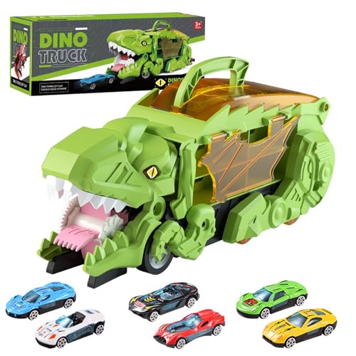 Balakaka Camion dei Dinosauri Transporter Truck Macchinine, Dinosauro Macchinine Giocattolo con 6 Auto da Corsa, Portatile Dinosauro Giocattolo Regalo Bimbo 3-8 Anni,Verde