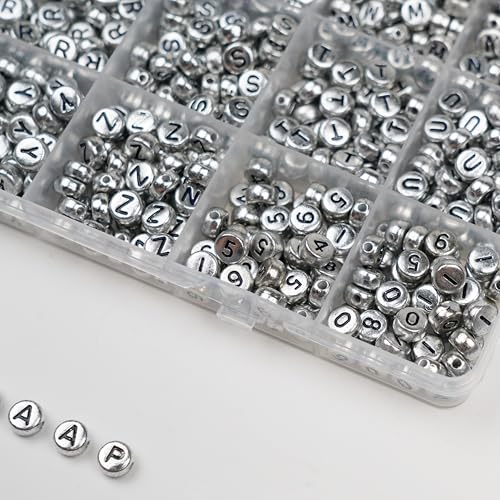 Image of 1450Pcs Silver Acrylic 4x7mm Round Letter Beads Kits Alphabet A-Z (Extra for Vowel Letter) and Number Beads for Bracelets Necklaces Jewelry Making (Silver, 4x7mm)