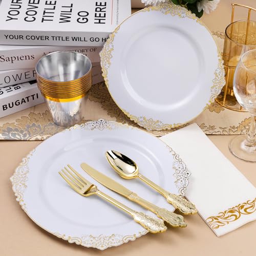 Bestluck 350PCS White and Gold Plastic Plates for 50 Guests, Disposable Dinnerware Set Includes 100 Disposable Plates, 150 Gold Silverware, 50 Cups, 50 Napkins for Party, Wedding by Bestluck - Image 5