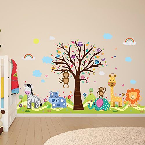 Wallflexi Office Home Decoration Wall Stickers "Happy Hills & Zoo" Wall Murals Removable Self-Adhesive Decals Art Nursery Kindergarden School Baby Toddler Children Kids Room Decoration, Multicolour
