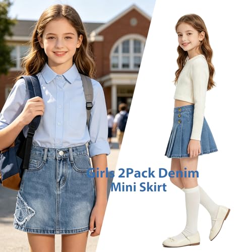 Image of ABALACOCO Jean Skirt for Girls 2Pack Denim Mini Skirt Shorts A-Line Kids Dress,Stretchy Waist Cotton Soft Button Wear 3-14T