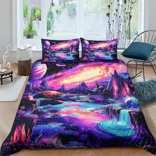 Housse de couette paysage spatial néon 3D 140x200cm lit garçon - 4