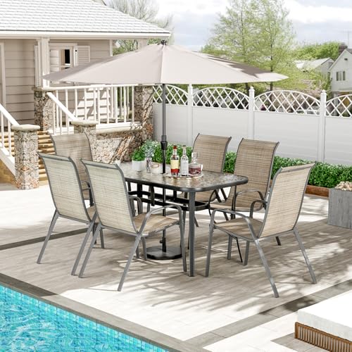 TLSUNNY 7 Pieces Patio Dining Set, Outdoor Table and Chairs W/1.69″ Umbrella Hole, 30'X 55' Table and Stackable Textilene Chair, All Weather Patio Furniture Set (Umbrella not Included) (Brown)