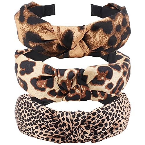 TOBATOBA Leopard Headband, 3Pcs Leopard Print Headbands for Women, Top Knot Headband for Women, Cheetah Print Headband Womens Knotted Headbands, Fashion Cute Headband Hair Accessories for Women Girls