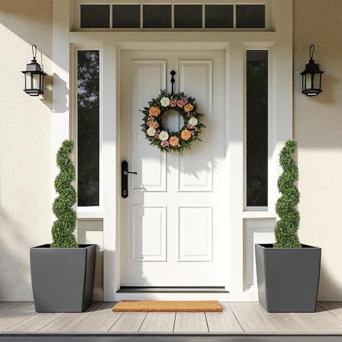 THE BLOOM TIMES 4ft Spiral Boxwood Topiary Trees Artificial Outdoor Set of 2, 48 Inch UV Resistant Faux Evergreen Trees - Fake Twisting Plants for Front Porch Outside Planter Decor 4 Foot