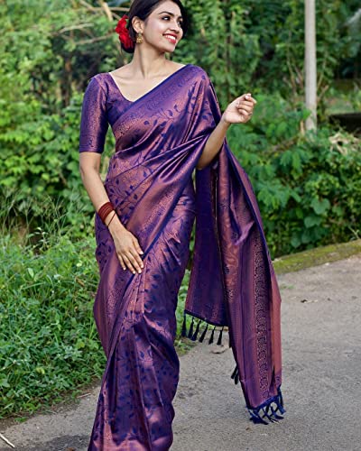 Image of SGF11 Women's Kanjivaram Soft Lichi Silk Saree With Blouse Piece (Purple)