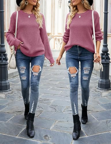 Image of MEROKEETY Women's Fall Long Sleeve Waffle Knit Oversized Sweater | Fall Fashion, Crew Neck, Tunic, Dressy Casual, Trendy, Cute, Pullover Tops, Long Lantern Sleeves, Loose Fit, Drop Shoulder