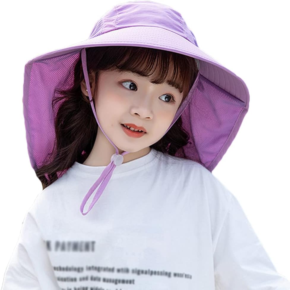 Cysocool Children Wide Brim Sun Hat with Neck Flap 4-13 Years Girls Ponytail Sun Hat Boys Mesh Cool Hat Anti UV Cap Neck Sun Protection Hat with Strap Kids Holiday Beach Boonie Hat Summer Hat UPF 50+