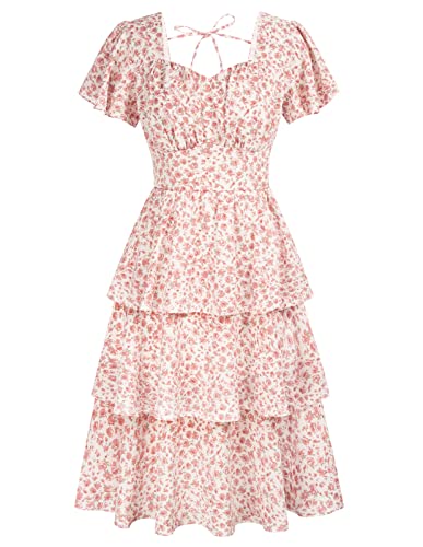 Belle Poque 2025 Summer Women's Square Neck Smocked Pink Floral Dress Tiered Ruffle Flowy Midi Dresses Pink M