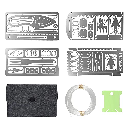 Survival Card Multitool Emergency Camping Kit with Fishing Line Gear, Multipurpose Credit Card Sized EDC Tool for Outdoor Fishing Hiking Hunting, 4PCS
