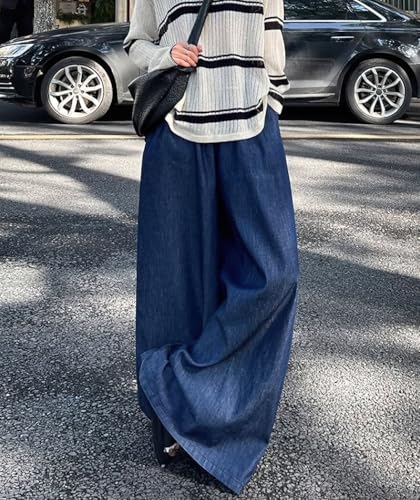 chouyatou Women's Elastic High Waisted Wide Leg Jeans Baggy Boyfriend Flare Trendy Long Denim Pants4