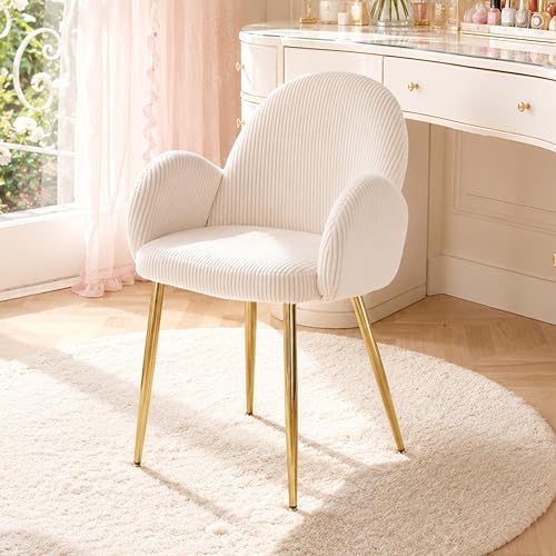 Image of Eifizek Home Office Chair, Modern Corduroy Upholstered Vanity Desk Chair with Gold Legs for Girls Women, Ergonomic Padded Backrest for Living Room, Beige