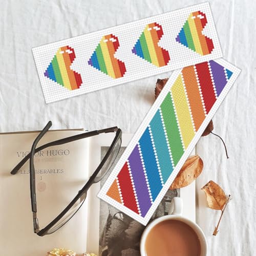 Image of BEUNITONE Cross Stitch Bookmark Kit 6 Pcs Rainbow DIY Bookmarks Cross Stitch Kits for Adults Beginners Love Heart Pre-Sorted Floss Cross-Stitch Stamped Embroidery Kit with Instruction 8''x2.4''