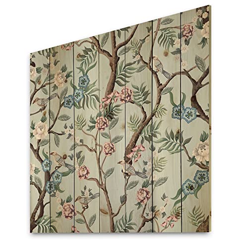 Impression traditionnelle sur bois de pin naturel DesignQ Chinoiserie avec oiseaux